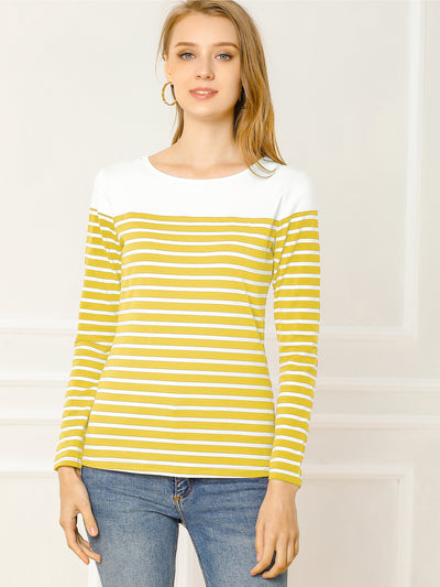 Color Block Long Sleeve Round Neck Striped T-Shirt