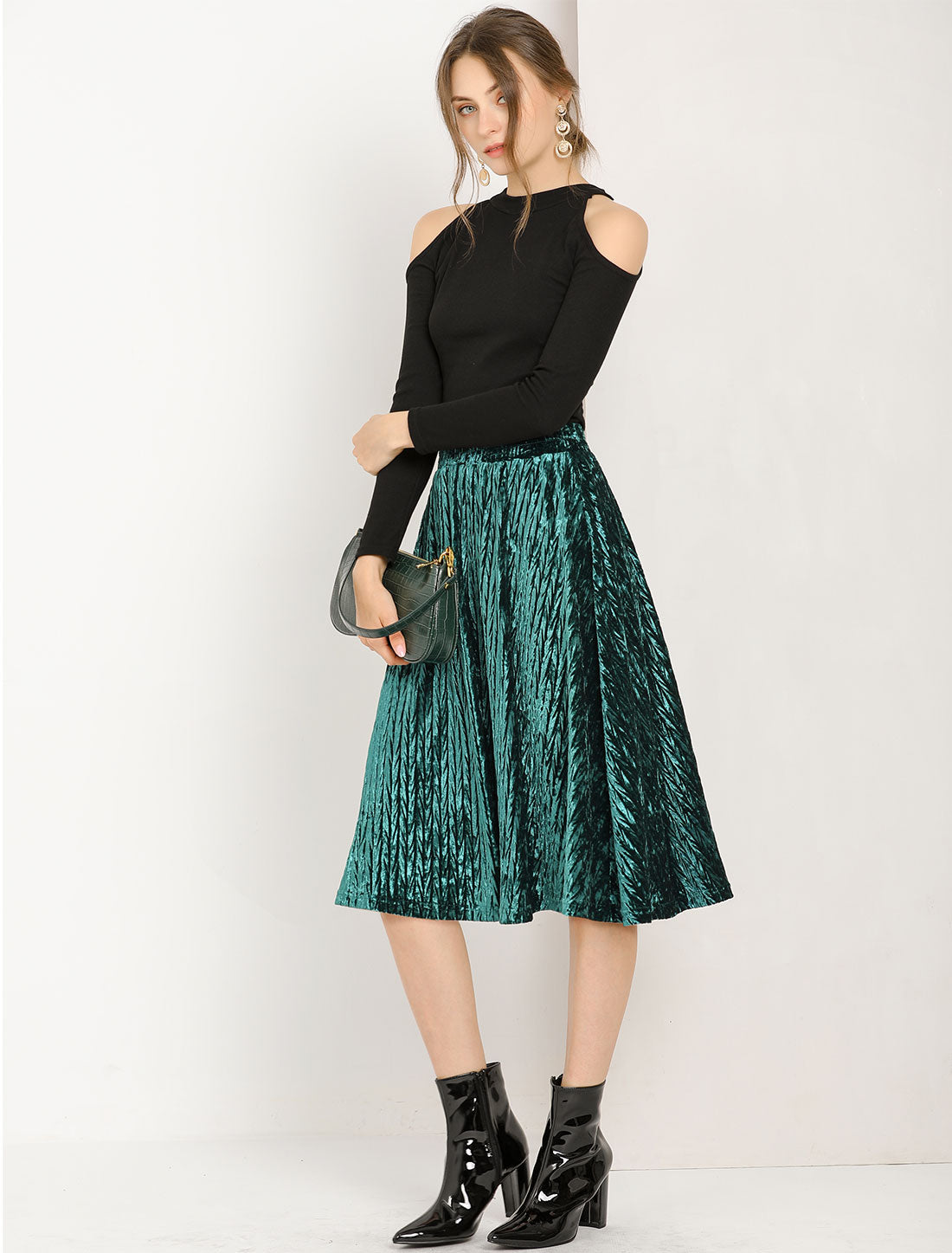 Allegra K Elegant Office Elastic Waist Vintage Velvet A-Line Midi Skirt
