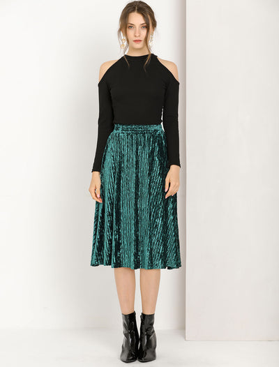 Elegant Office Elastic Waist Vintage Velvet A-Line Midi Skirt