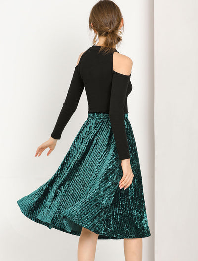 Elegant Office Elastic Waist Vintage Velvet A-Line Midi Skirt