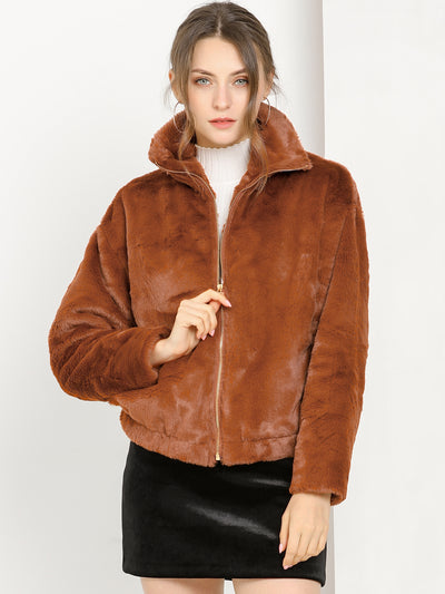 Allegra K Winter Coat Shawl Collar Zipper Front Faux Fur Fluffy Jacket