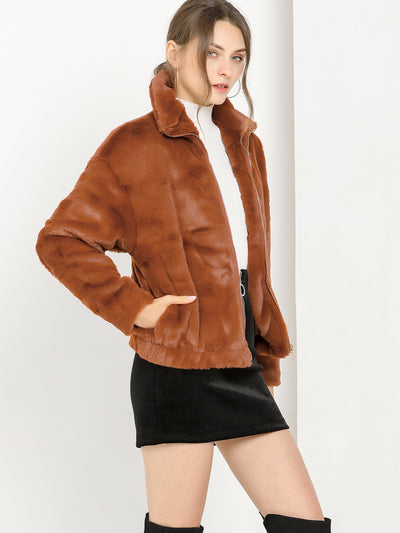Winter Coat Shawl Collar Zipper Front Faux Fur Fluffy Jacket