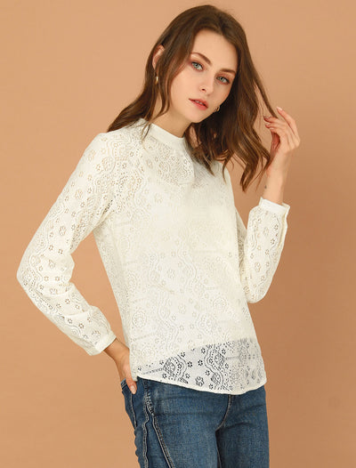Lace Blouse Long Sleeve Floral Vintage Stand Collar Top Shirt