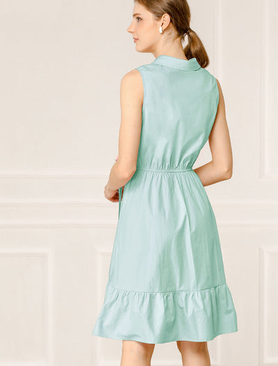 Cotton Casual Ruffled Sleeveless Vintage Belted Shirt Dress
