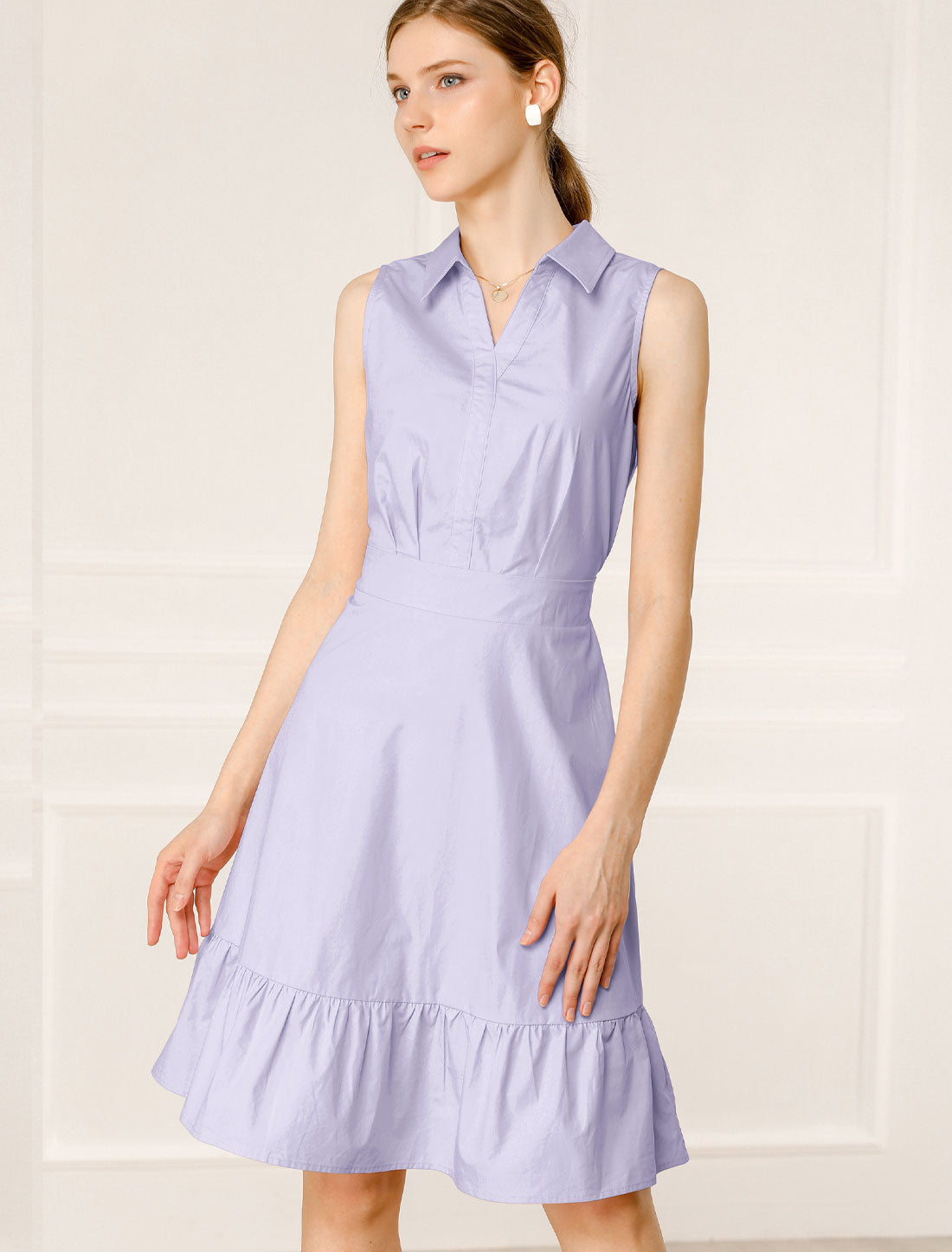 Allegra K Cotton Casual Ruffled Sleeveless Vintage Belted Shirt Dress
