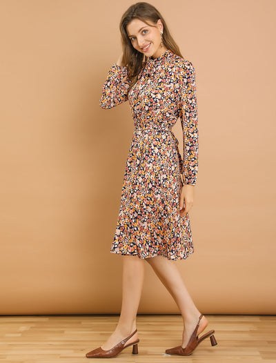 Tie Neck Chiffon Long Sleeve Belted Vintage Floral Dress