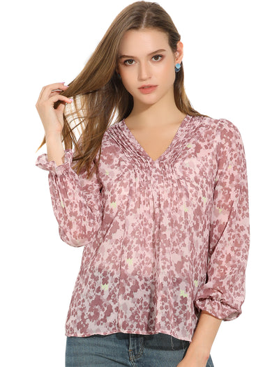 Puff Sleeve Floral Print Ruffled Pintuck Pleat Ruched Blouse Top