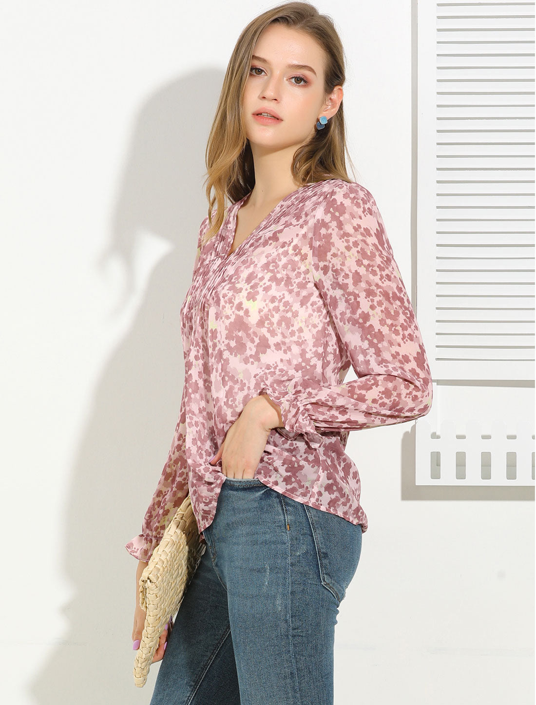 Allegra K Puff Sleeve Floral Print Ruffled Pintuck Pleat Ruched Blouse Top