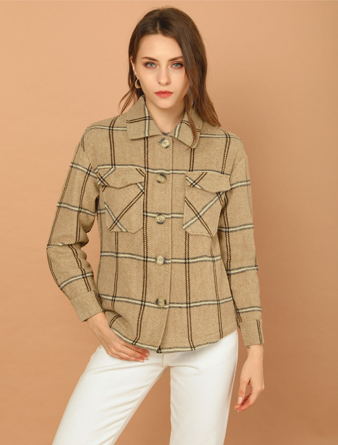 Allegra K Button Down Collar Single Breasted Coat Outerwear Shirt Plaid Jacket