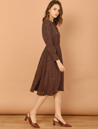 Puff Long Sleeve Fit and Flare Round Neck Floral Dress