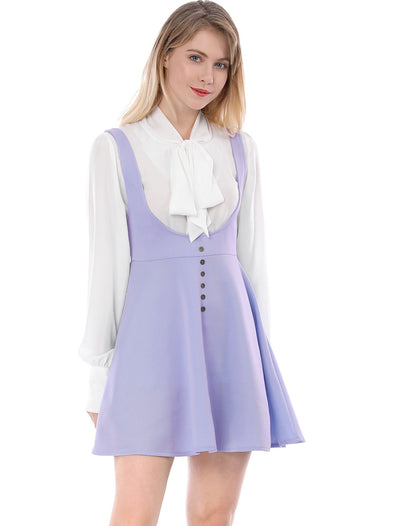 Allegra K Button Decor Overall U Neck A Line Suspenders Skirt