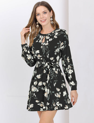 Floral Keyhole Chiffon Long Sleeve Belted Spring A-Line Mini Dress