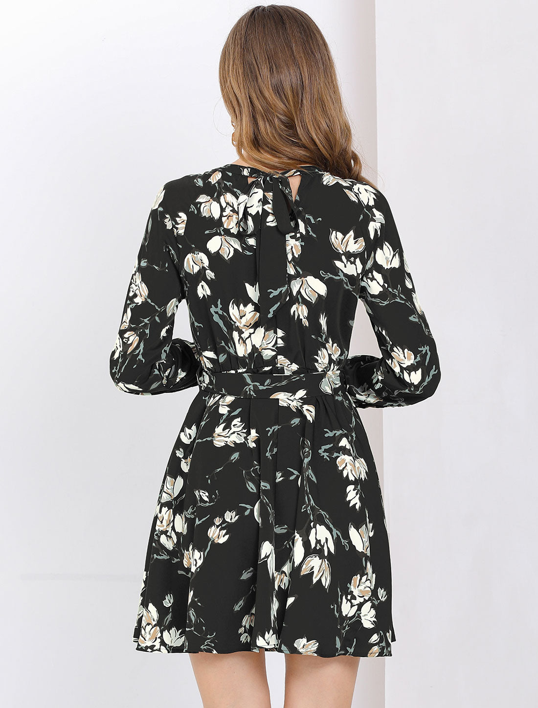 Allegra K Floral Keyhole Chiffon Long Sleeve Belted Spring A-Line Mini Dress