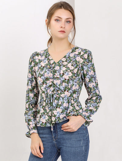 V Neck Ruched Long Ruffle Sleeve Floral Printed Peplum Blouse Top