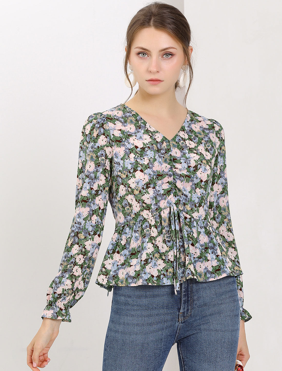 Allegra K V Neck Ruched Long Ruffle Sleeve Floral Printed Peplum Blouse Top