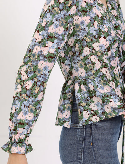 V Neck Ruched Long Ruffle Sleeve Floral Printed Peplum Blouse Top