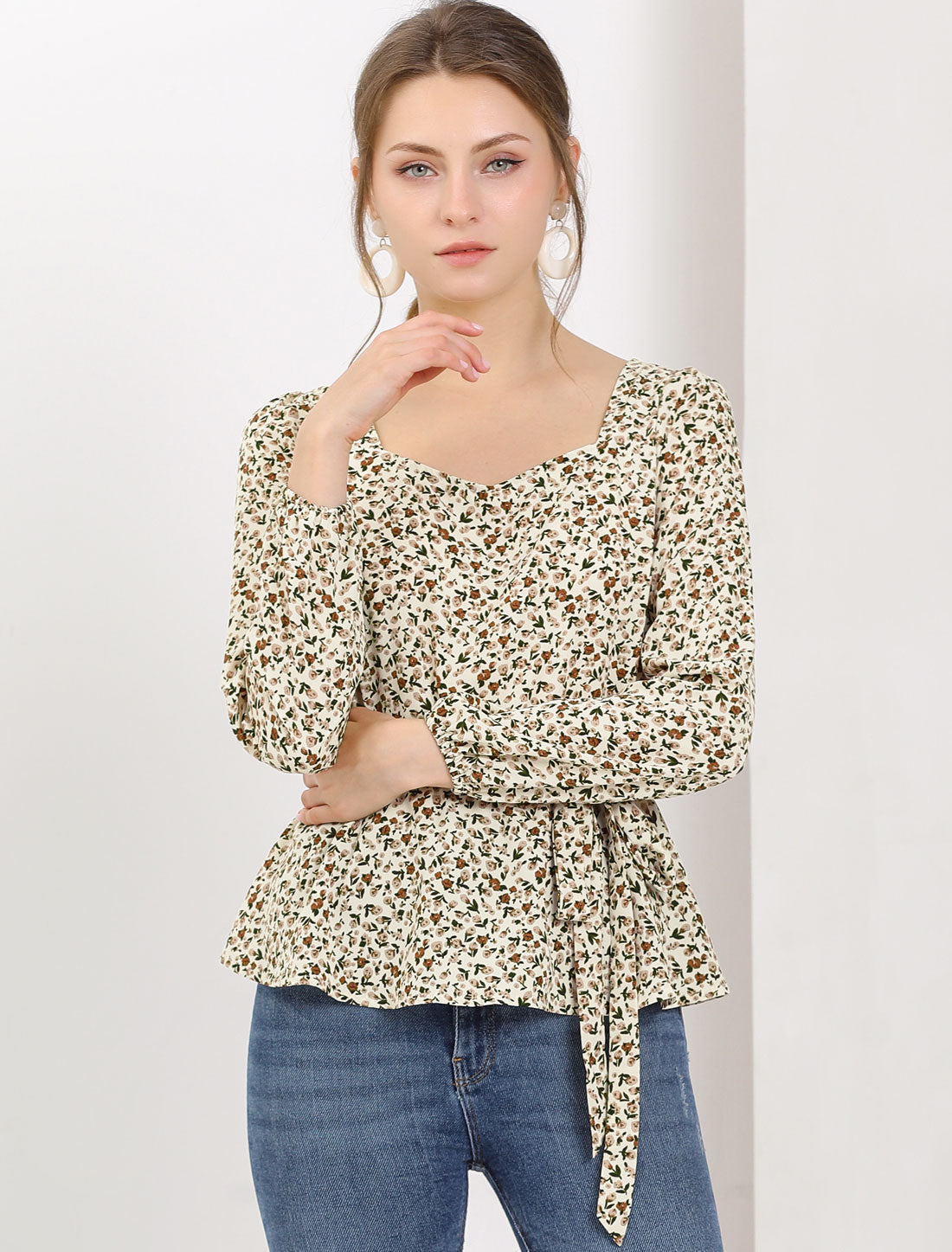 Allegra K Long Sleeve Square Neck Belted Peplum Floral Top Blouse