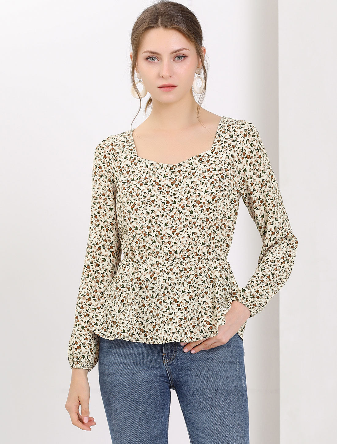 Allegra K Long Sleeve Square Neck Belted Peplum Floral Top Blouse