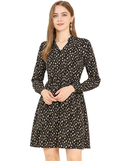 Leopard Print Stand Collar Wild Button Decor Long Sleeve Dress
