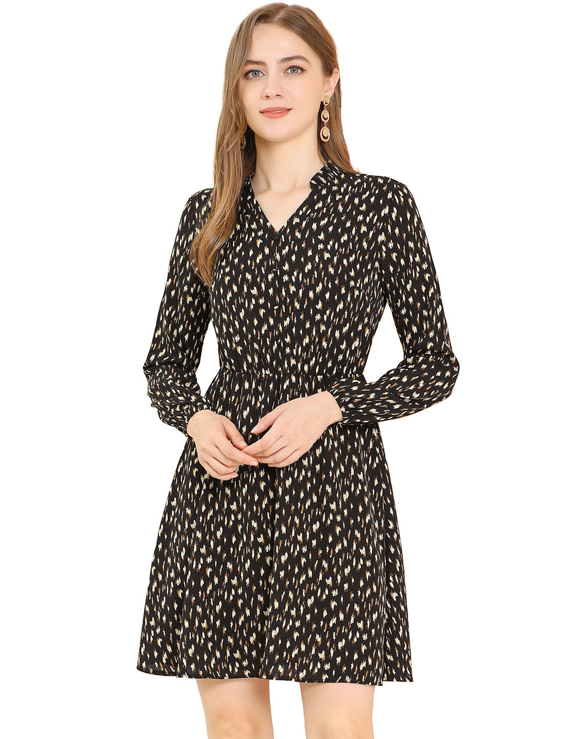 Allegra K Leopard Print Stand Collar Wild Button Decor Long Sleeve Dress