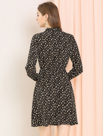 Leopard Print Stand Collar Wild Button Decor Long Sleeve Dress