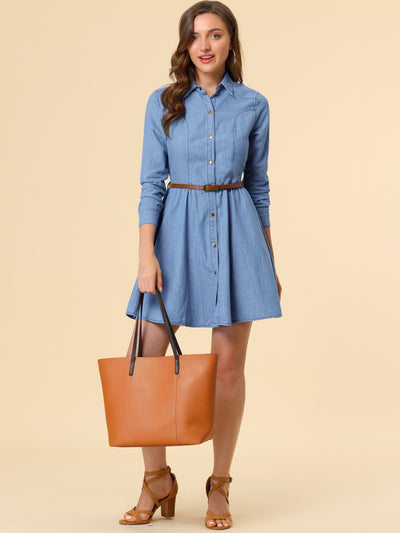 Denim Button Down Belted Pleated Flare A-line Shirt Dress