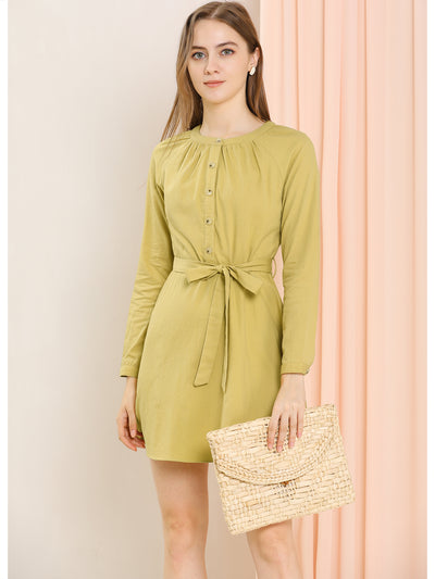 Cotton Long Sleeve Round Neck Belted Button Down Shirt Dress