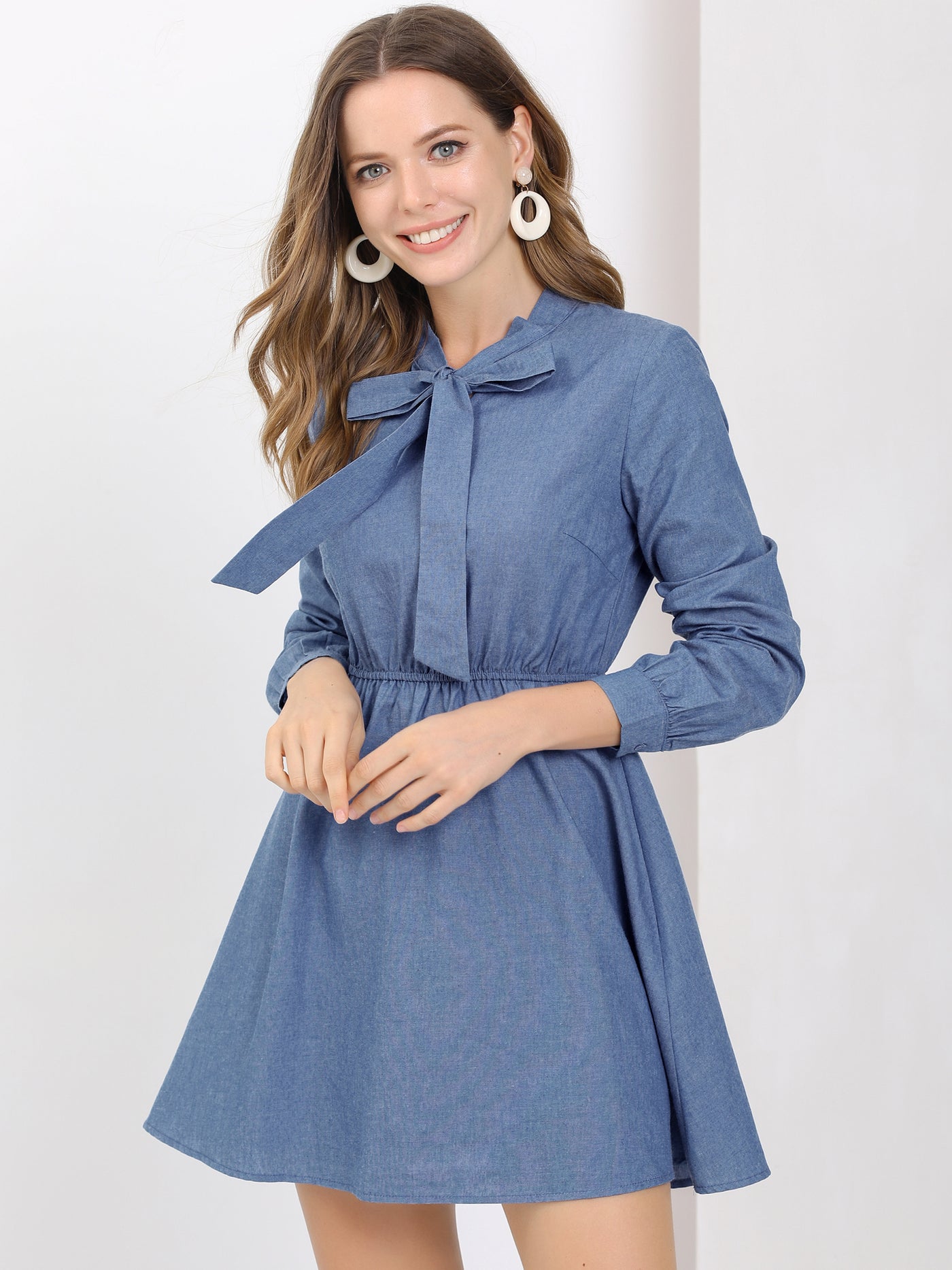 Allegra K Denim Bow Tie Neck Long Sleeve Chambray Fit and Flare Mini Dress