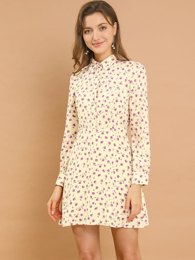 Dots Print Half Placket Puff Long Sleeve Floral Print Shirt Dress