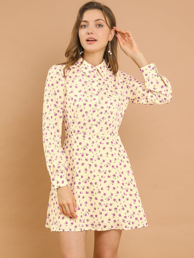 Dots Print Half Placket Puff Long Sleeve Floral Print Shirt Dress