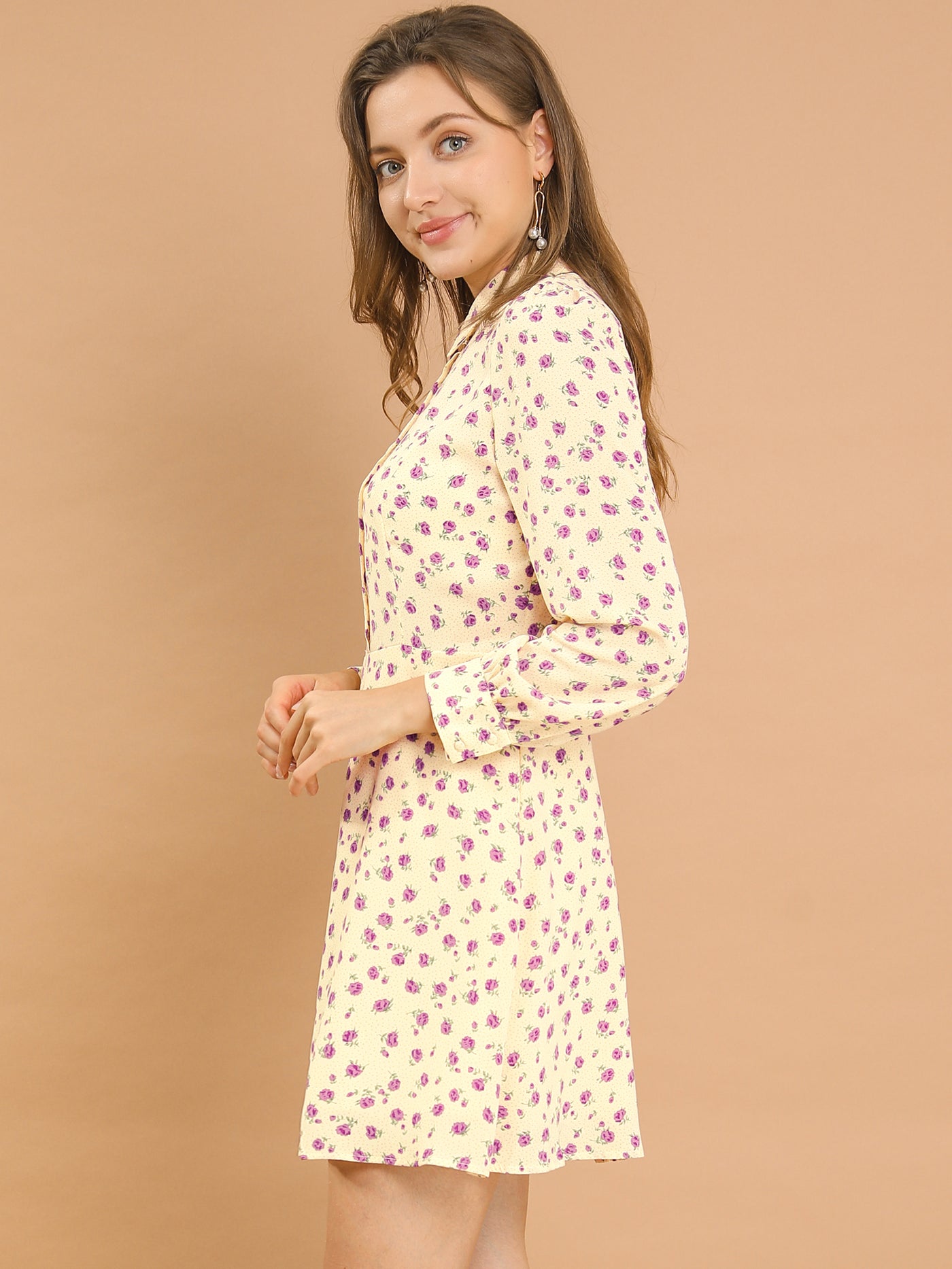 Allegra K Dots Print Half Placket Puff Long Sleeve Floral Print Shirt Dress