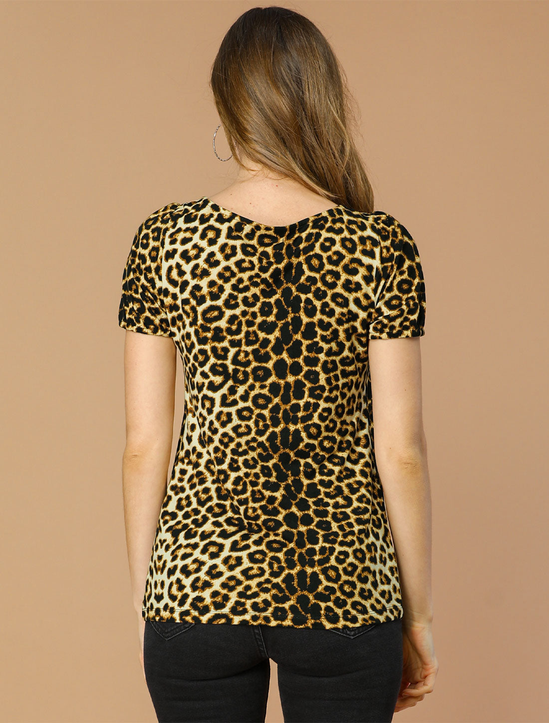 Allegra K Animal Print Top Short Sleeve Pleated U-neck Knit Leopard T-shirt