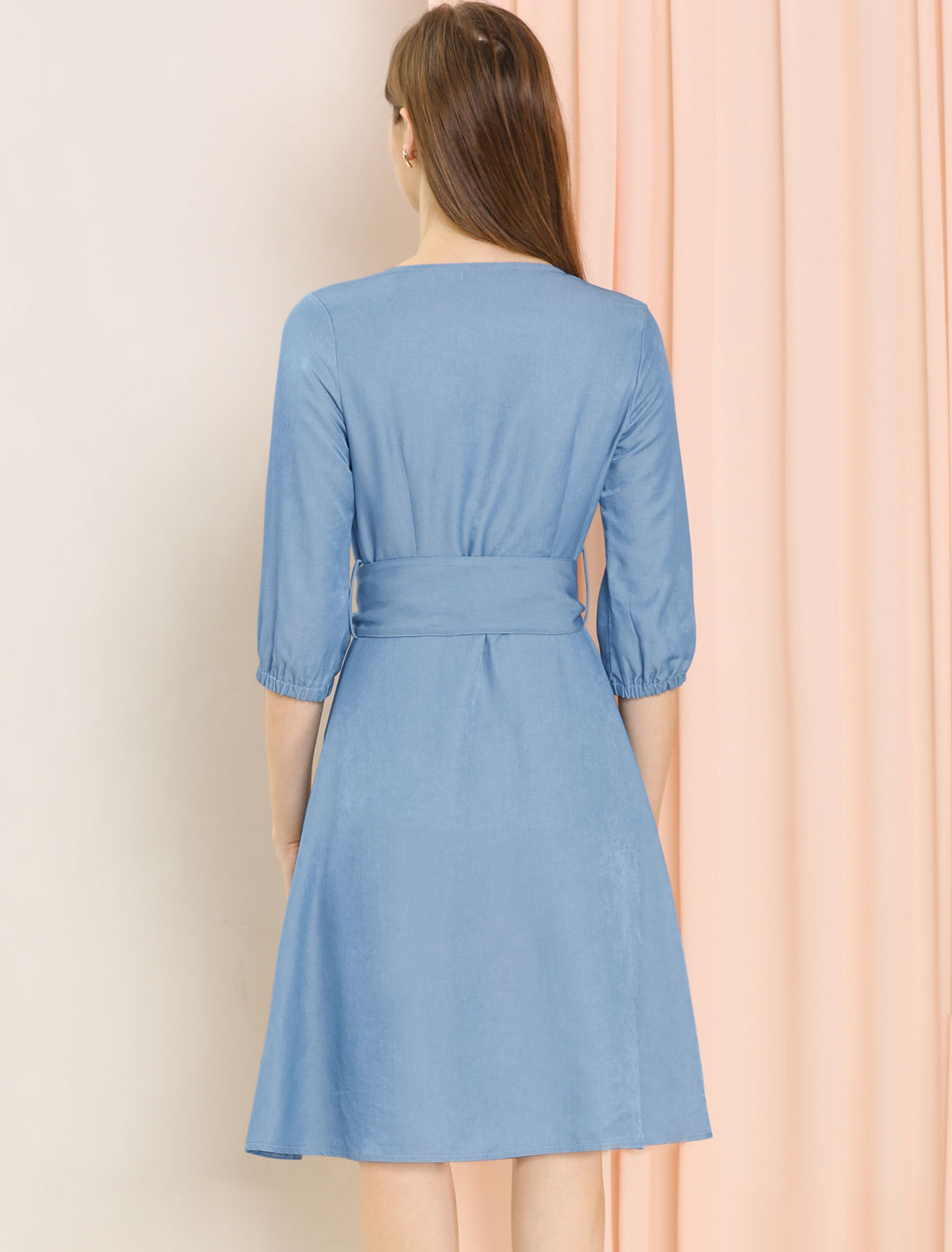 Allegra K 3/4 Sleeve Casual V Neck Button Up A-Line Belted Dress