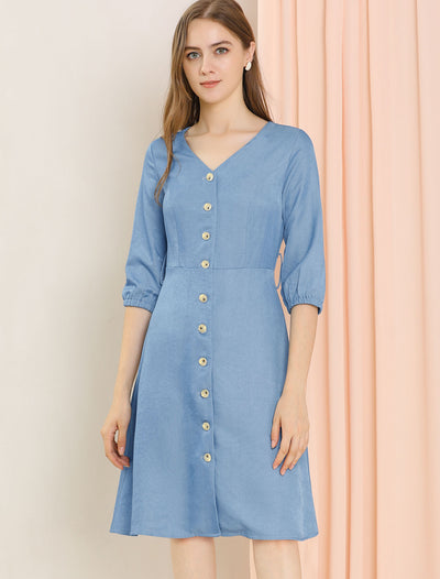 3/4 Sleeve Casual V Neck Button Up A-Line Belted Dress