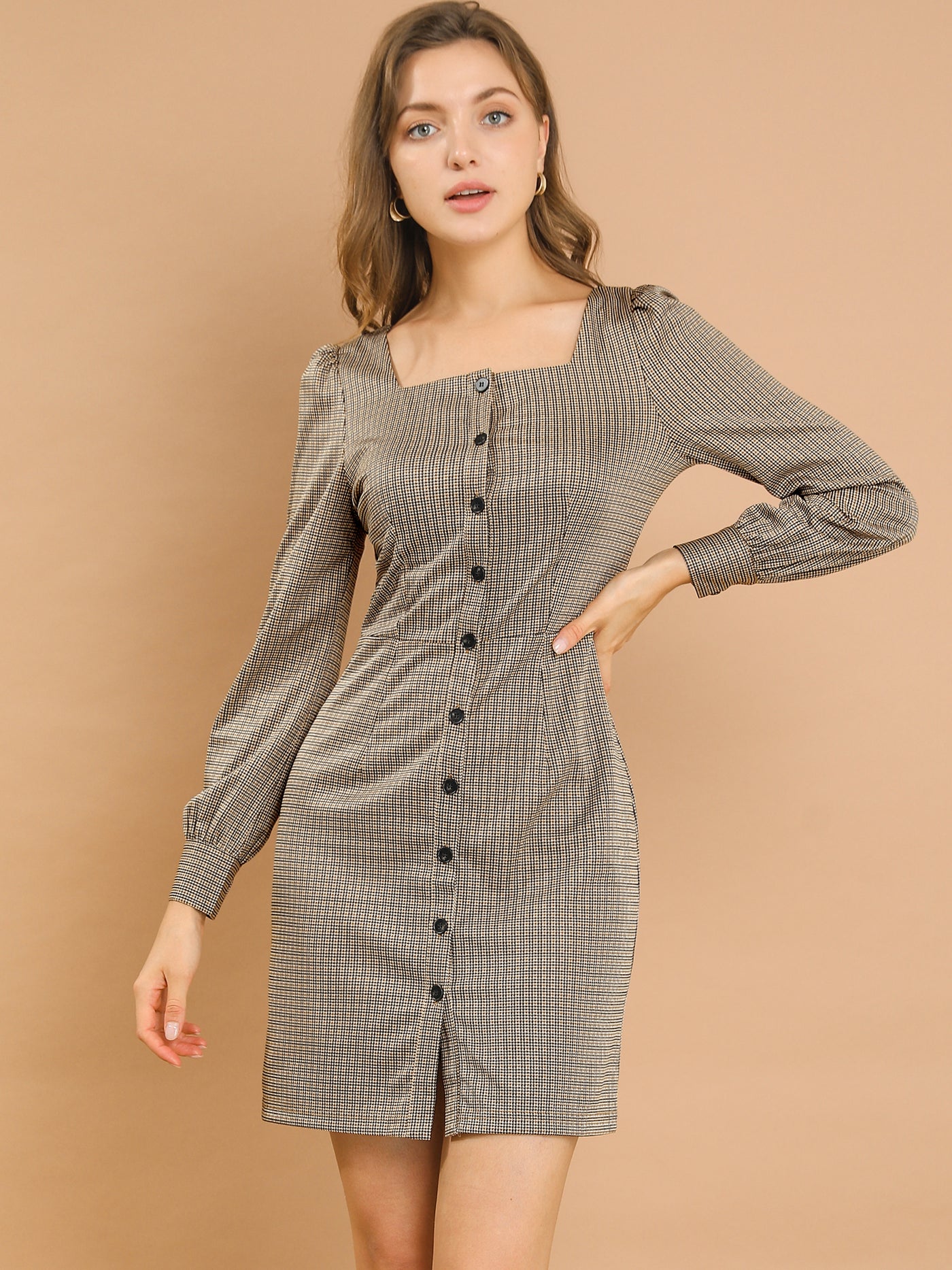 Allegra K Square Neck Button Puff Long Sleeve Plaid Houndstooth Dress