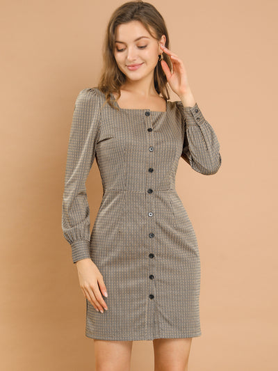 Square Neck Button Puff Long Sleeve Plaid Houndstooth Dress