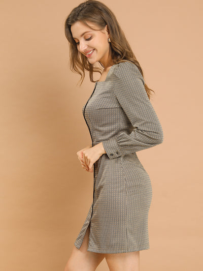Square Neck Button Puff Long Sleeve Plaid Houndstooth Dress