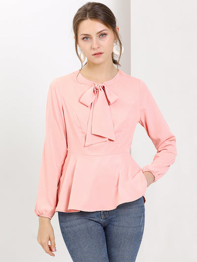 Casual Sweet Bow Tie Neck Long Sleeve Top Peplum Blouse