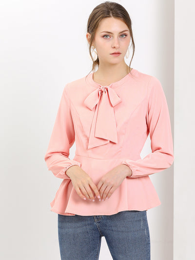 Casual Sweet Bow Tie Neck Long Sleeve Top Peplum Blouse