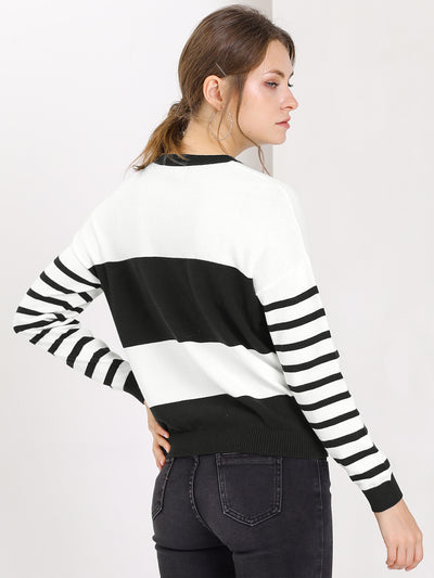 Drop Shoulder Crew Neck Striped Color Block Knit Pullover Sweater