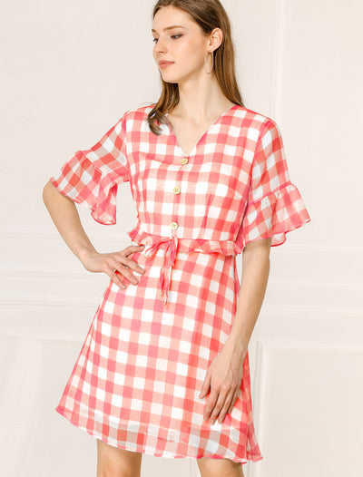 Plaid Checkered Short Flutter Sleeve V-Neck Mini Dress