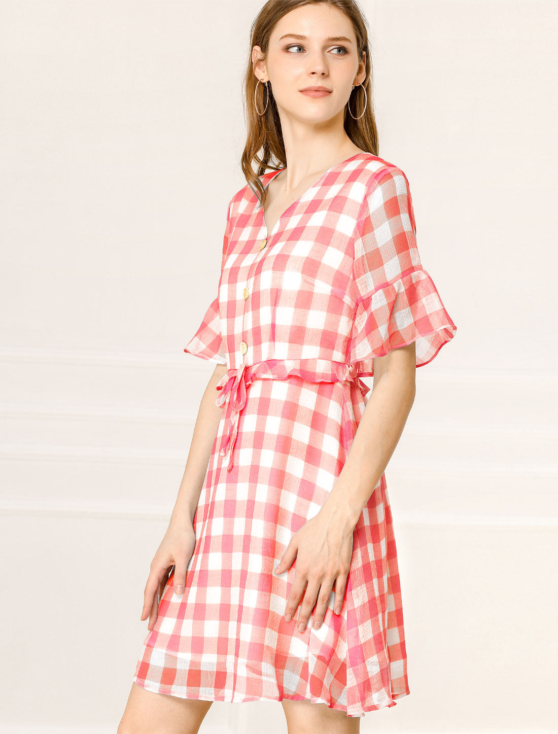 Allegra K Plaid Checkered Short Flutter Sleeve V-Neck Mini Dress