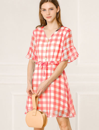 Plaid Checkered Short Flutter Sleeve V-Neck Mini Dress