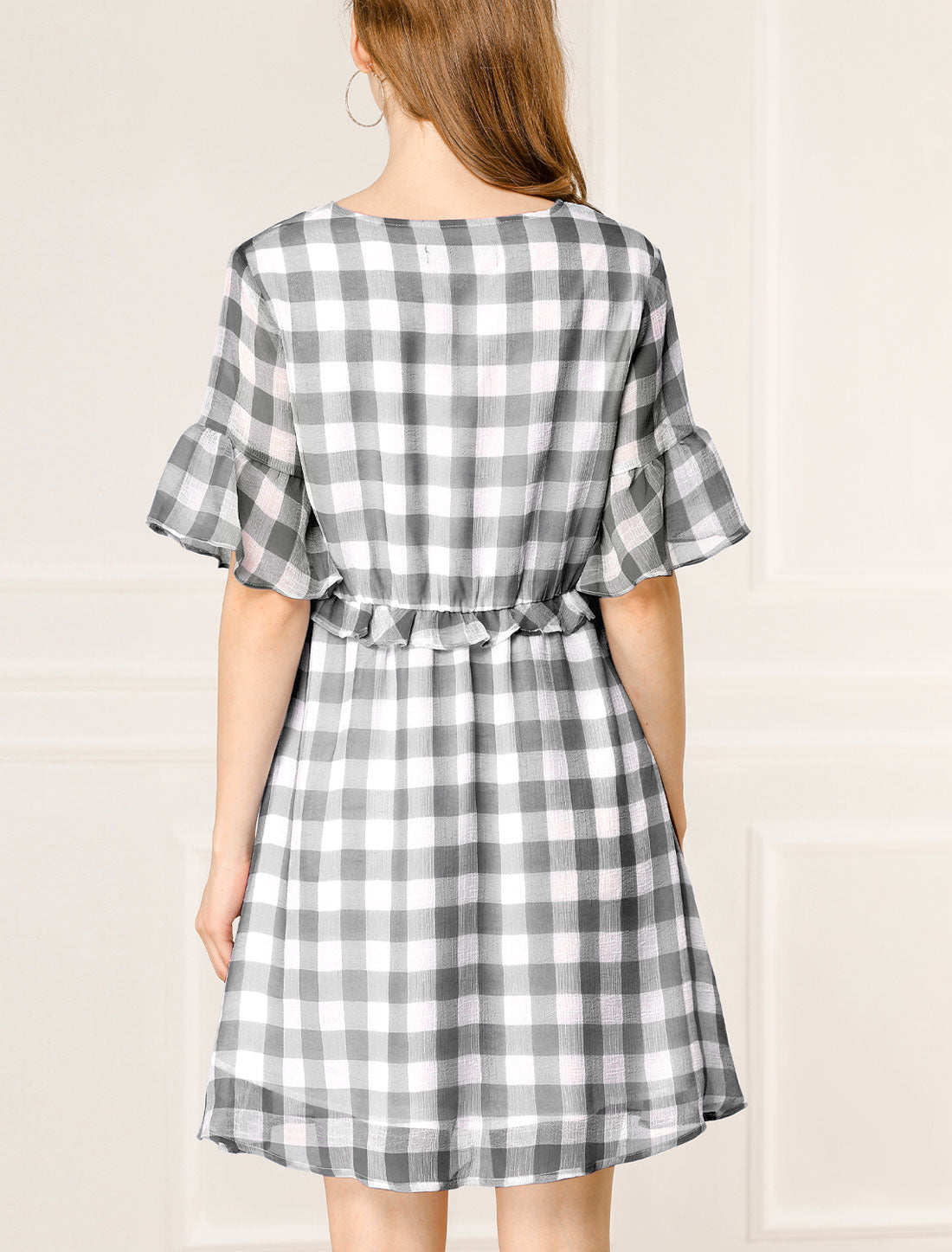 Allegra K Plaid Checkered Short Flutter Sleeve V-Neck Mini Dress