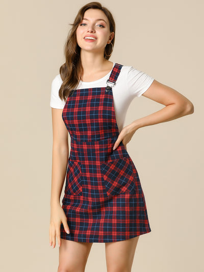 Adjustable Strap Above Knee Plaid Printed Overall Suspender Skirt