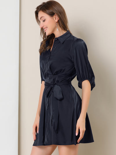 Elegant Satin Pleated Waist A-Line Belted Puff Sleeve Shirt Dress