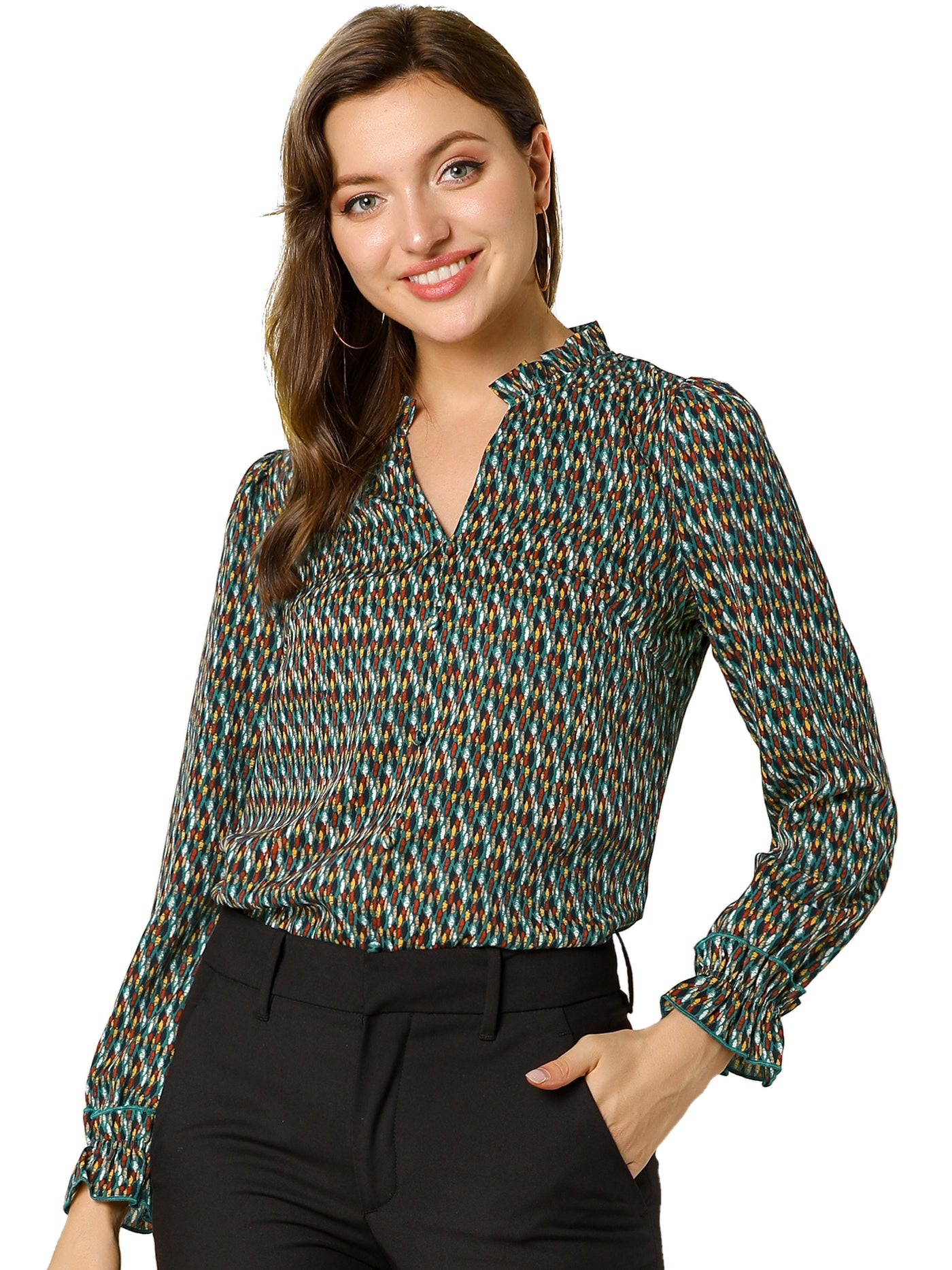 Allegra K Long Sleeve V Neck Ruffle Geometric Printed Work Office Floral Shirt