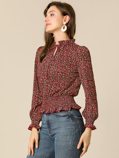 Ditsy Floral Blouse Ruffle Tie Neck Long Sleeve Peplum Smocked Tops