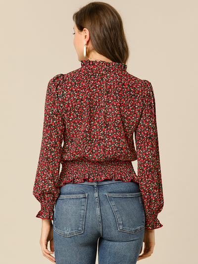 Ditsy Floral Blouse Ruffle Tie Neck Long Sleeve Peplum Smocked Tops
