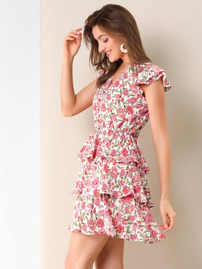 V Neck Layered Cap Sleeve Ruffle Valentine's Day Floral Mini Dress